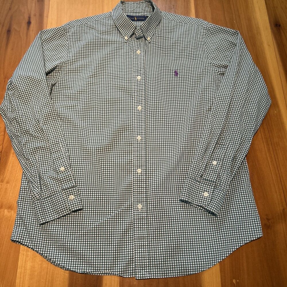 Ralph Lauren Button Down Shirt. Large. Green Gingham. Long Sleeve. Logo. Cotton